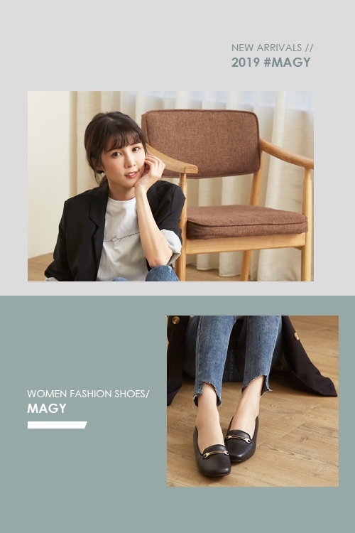 MAGY 復古簡約 金屬飾條牛皮低跟鞋-霧黑