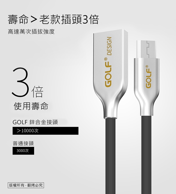 GOLF USB 2.0 轉 Micro USB 鋅合金接頭多彩細線(1M)