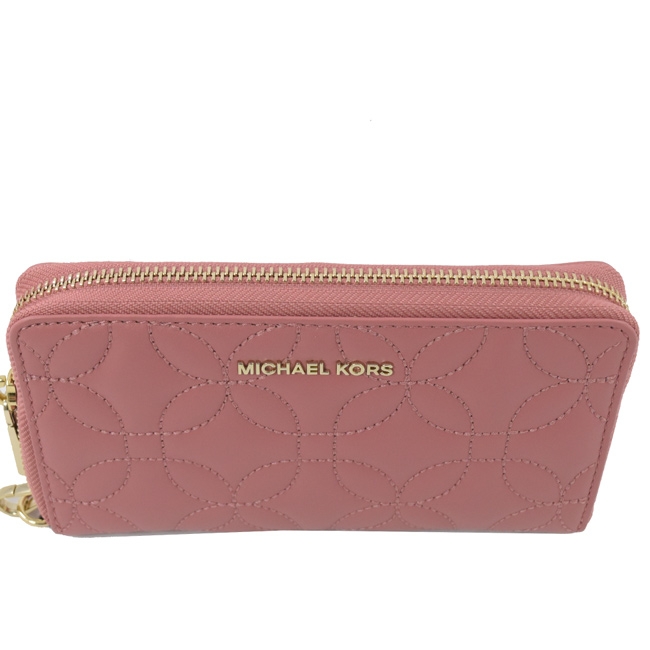 MICHAEL KORS WRISTLETS 花型車線牛皮拉鍊對開中夾(玫瑰粉)