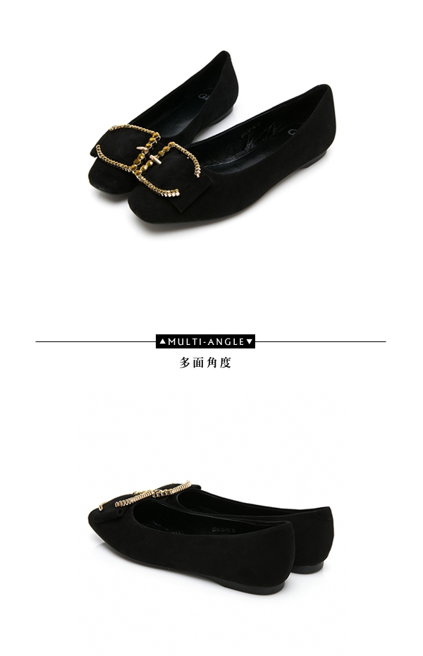 GDC-真皮微方頭歐美大器扣飾舒適平底包鞋-黑色