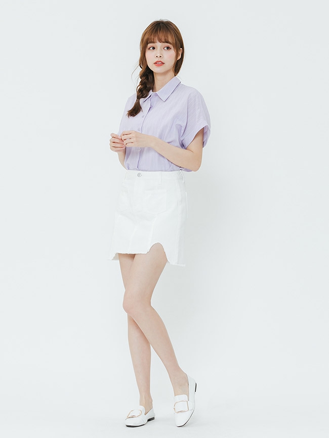 H:CONNECT 韓國品牌 女裝-雙口袋不收邊短裙-白