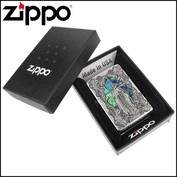 ZIPPO 日系~聖母瑪利亞-天然貝殼鑲嵌深蝕刻貼片加工打火機(銀色款)