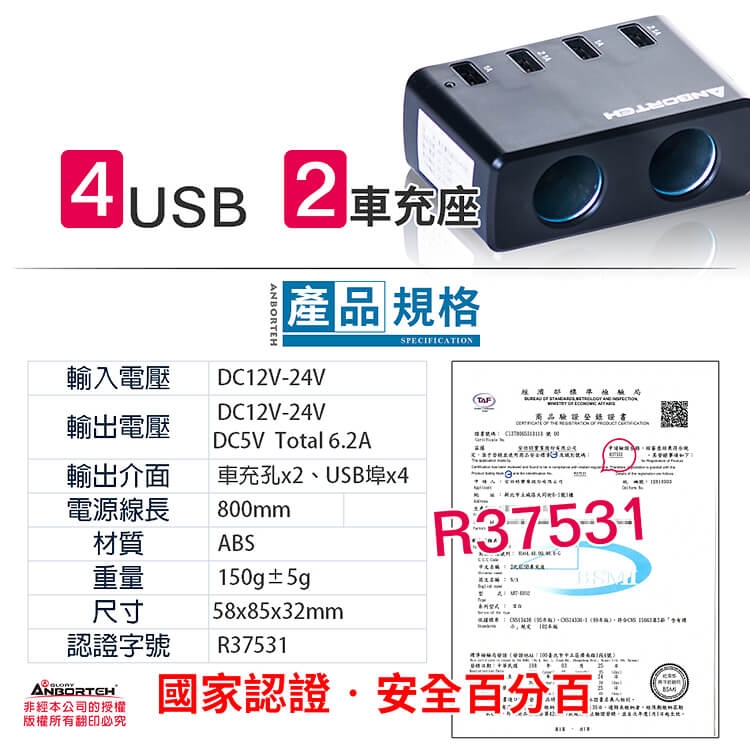 【安伯特】酷電大師 高速車充擴充座(2孔+4USB)國家認證12V/24V通用 智慧保險絲