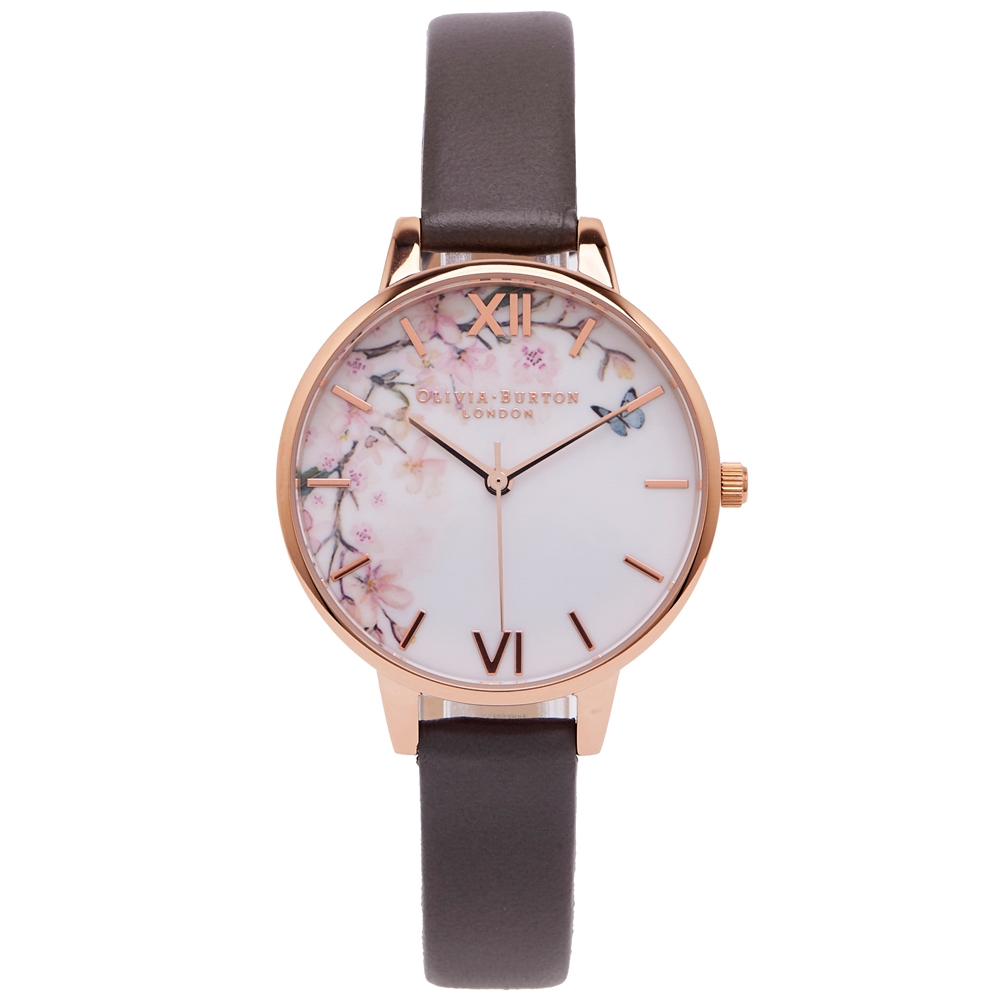 Olivia Burton 櫻語弄蝶皮革錶帶手錶(OB16EG122)-白面/34mm
