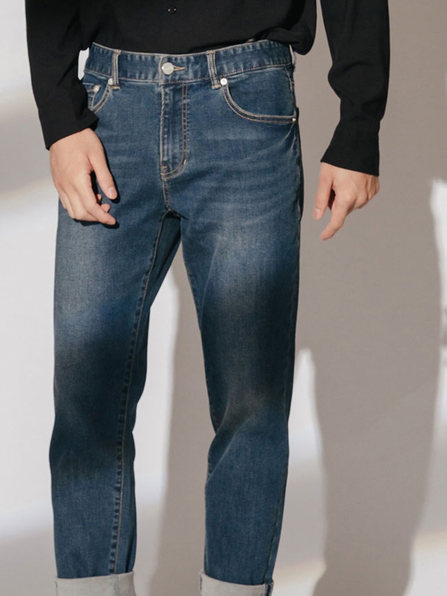 H:CONNECT 韓國品牌 男裝-簡約刷色牛仔褲-藍