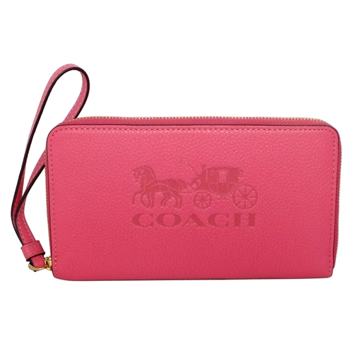 COACH螢光粉全皮馬車烙印拉鍊掛式手機袋長夾