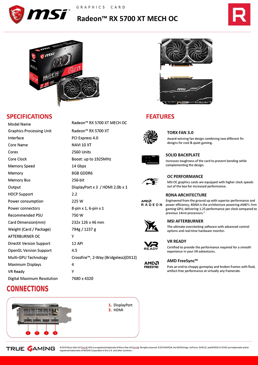 MSI微星 Radeon RX 5700 XT MECH OC 顯示卡