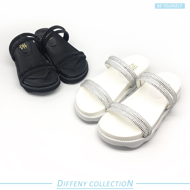 DN 夏日漫步 水鑽舒適好走一字拖鞋-黑