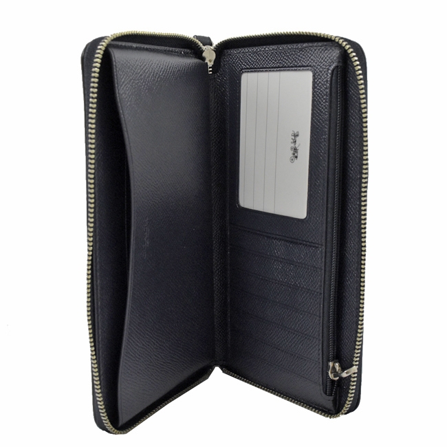 COACH 復古烙印大馬車LOGO牛皮ㄇ字拉鍊長夾(藍黑)