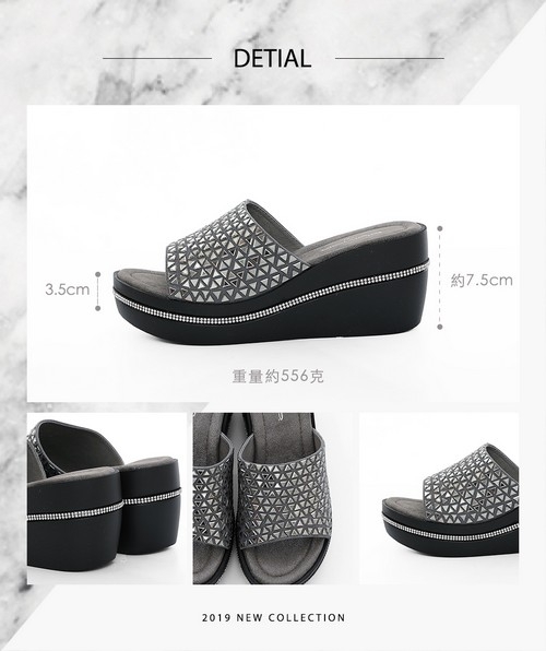 【CUMAR】情迷哈瓦那 - 三角排列鑽一片式厚底台拖涼鞋-灰