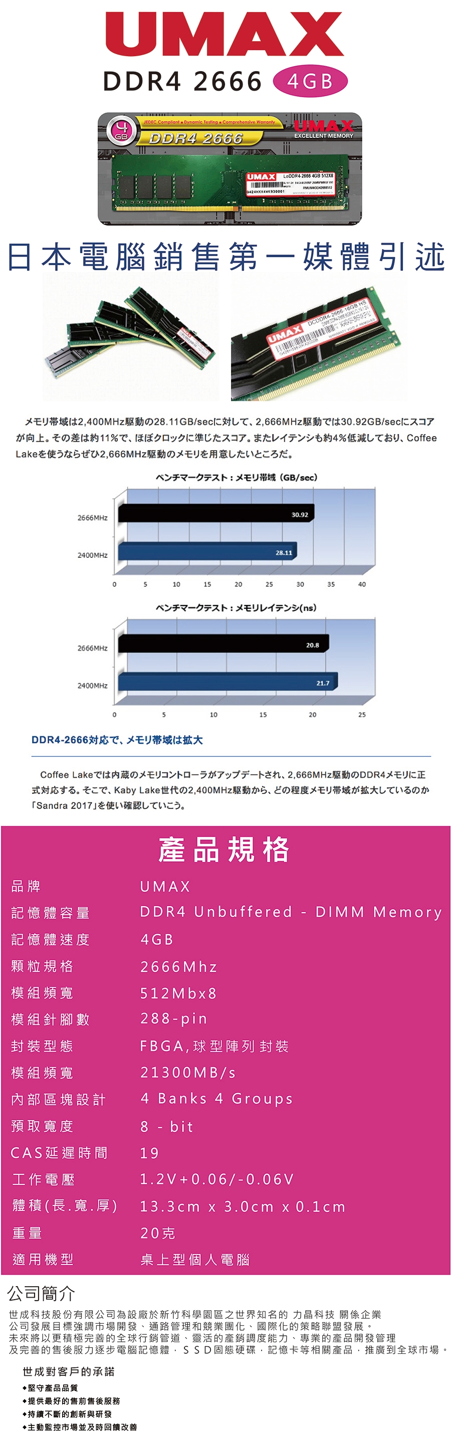 UMAX DDR4 2666 4GB 512X8 桌上型記憶體