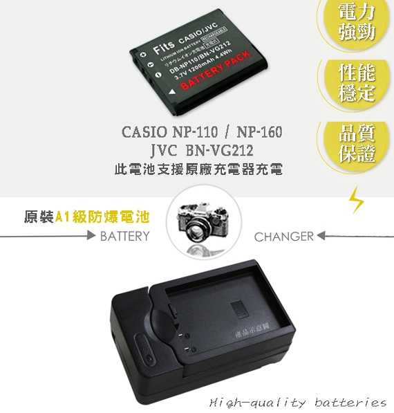 CASIO NP-110/160/JVC BN-VG212 認證版 防爆相機電池充電組