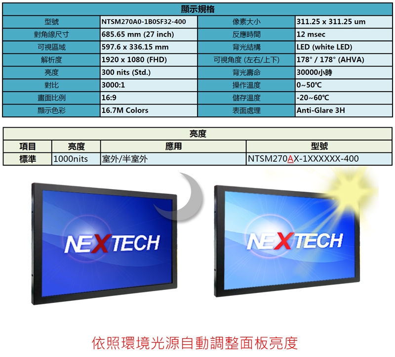 Nextech M系列 27吋 室外型 工控螢幕(無觸控/高亮度)