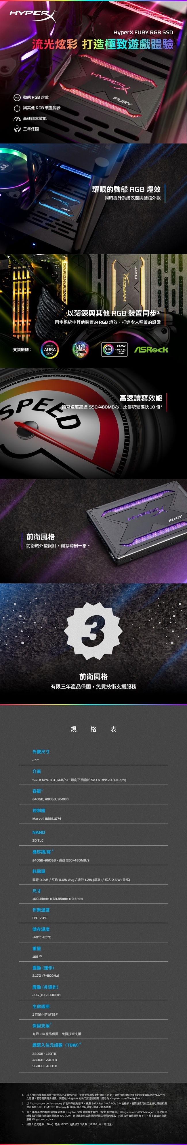 金士頓 HyperX Fury RGB 960GB SSD 固態硬碟 SHFR200