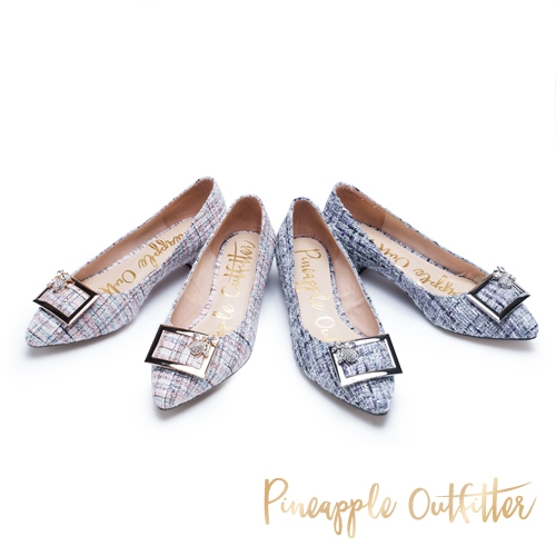 Pineapple Outfitter 復古女伶 格紋金屬方扣尖頭粗跟鞋-紫色