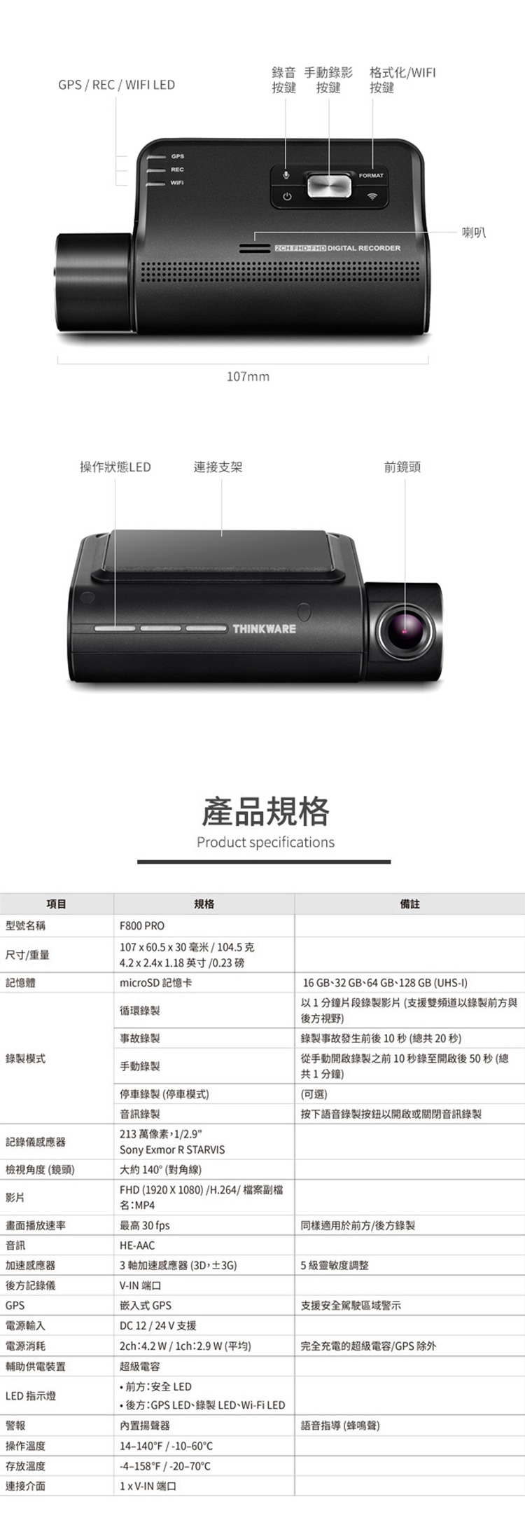 THINKWARE F800 PRO 雙鏡頭行車紀錄器