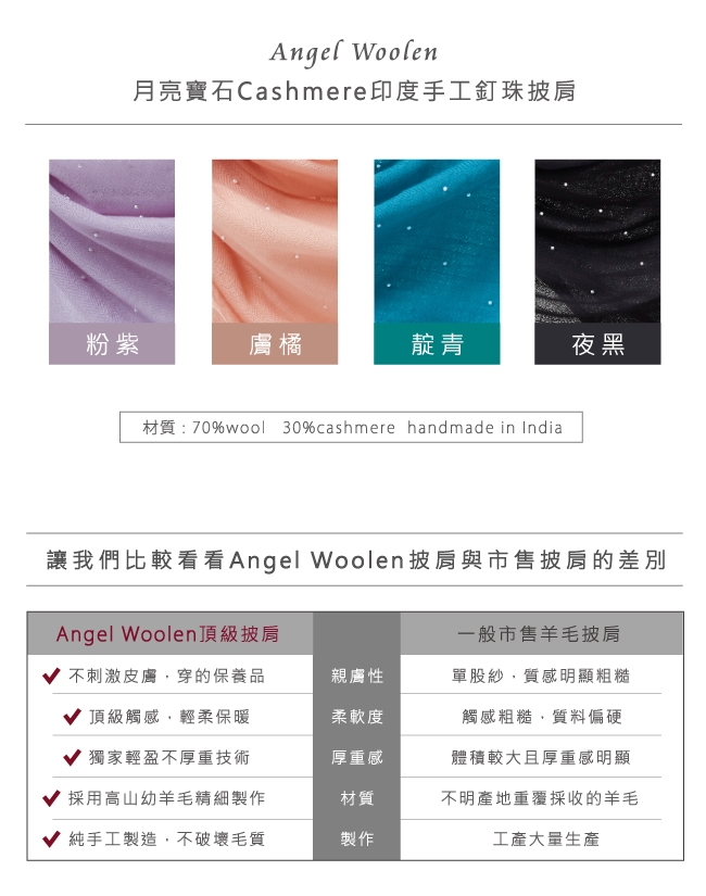 【ANGEL WOOLEN】月亮寶石CASHMERE印度手工釘珠披肩(共四色)