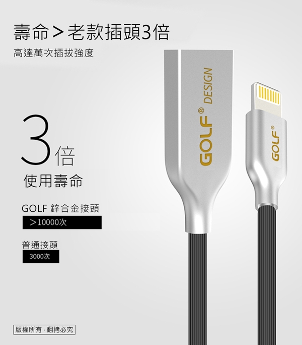 GOLF USB 2.0 轉 Apple 8Pin 鋅合金接頭多彩細線(1M)