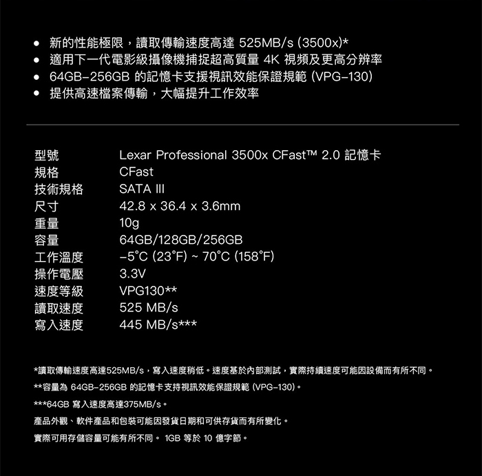 Lexar Professional 3500x CFast 2.0 記憶卡 256GB