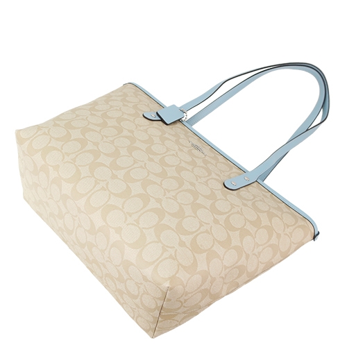 COACH 經典LOGO皮革飾邊防刮托特包(中/卡其矢車菊藍)