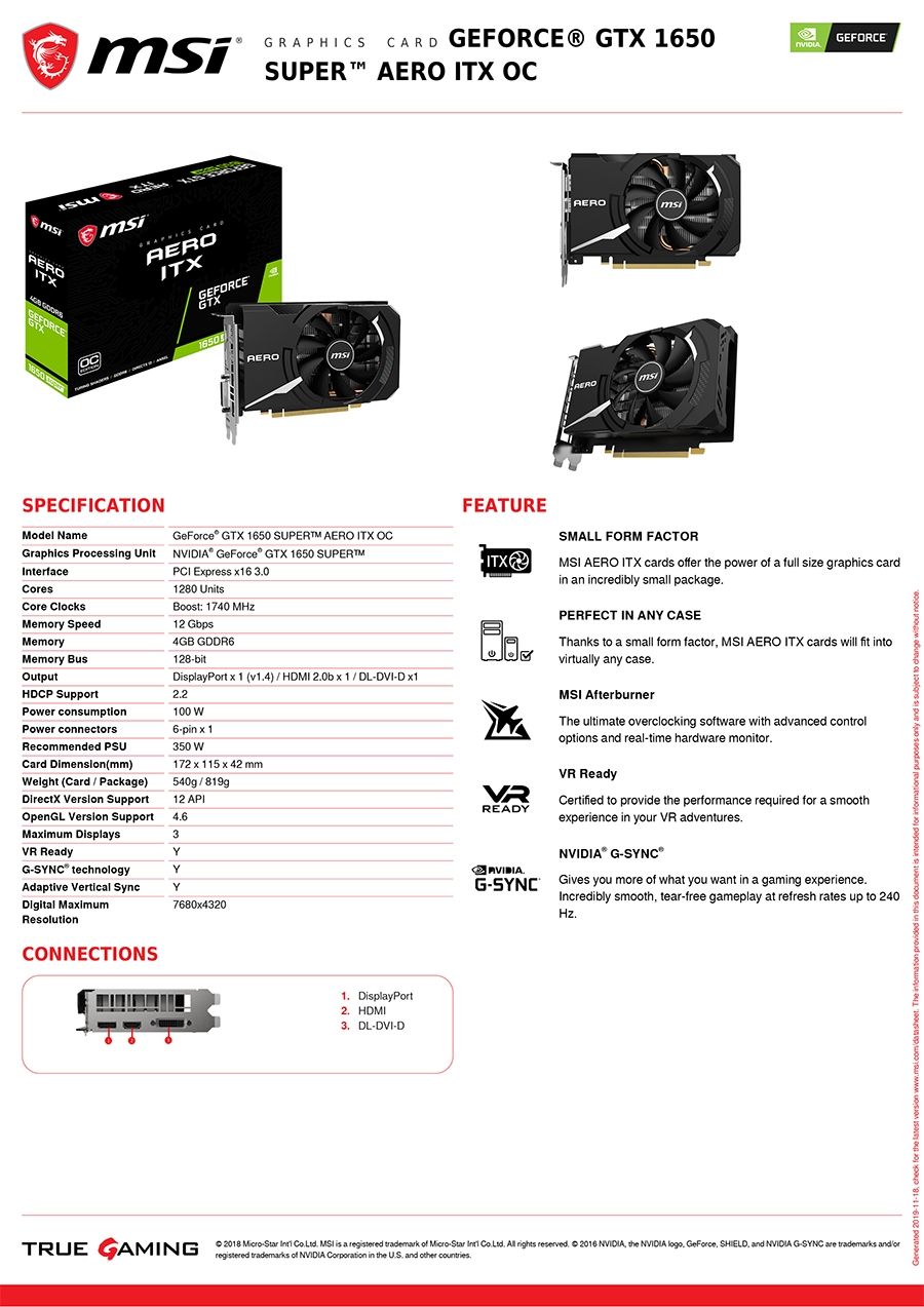 MSI微星GeForce GTX 1650 SUPER AERO ITX OC 顯示卡| GTX 系列