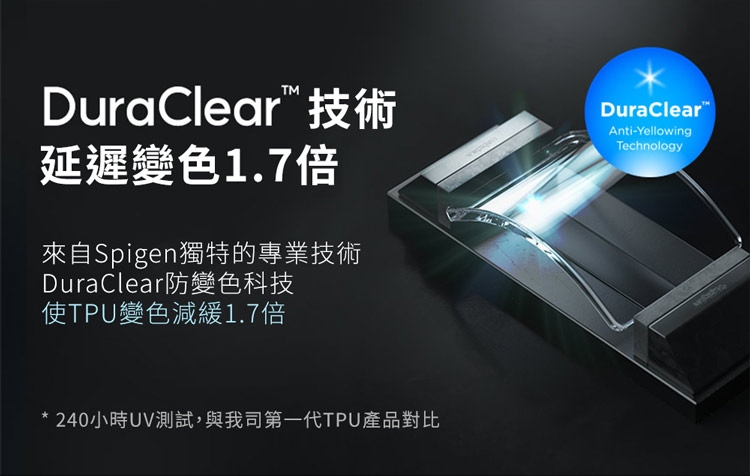 DuraClear 技術延遲變色1.7倍來自Spigen獨特的專業技術DuraClear防變色科技使TPU變色減緩1.7倍DuraClearAnti-YellowingTechnology240小時UV測試,與我司第一代TPU產品對比