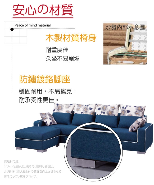 文創集 柯奇簡約藍亞麻布Ｌ型沙發組合(四人座＋椅凳)-265x162x69cm免組