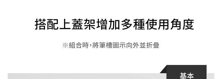 搭配上蓋架增加多種使用角度組合時,將筆槽圖示向外並折疊基本