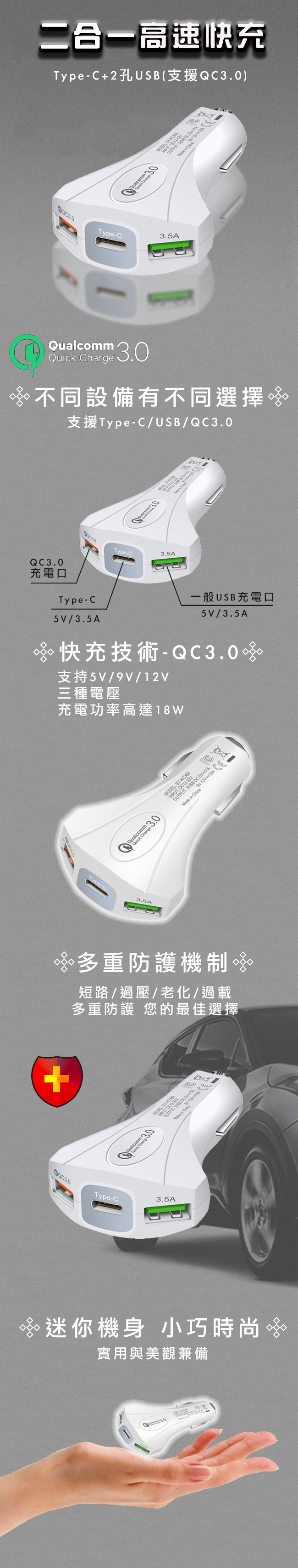 Sense神速 二合一Type-C+2孔USB(支援QC3.0)快充車充 白