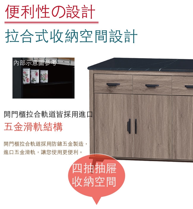 綠活居 菲迪現代風5尺黑紋石面餐櫃/收納櫃-151x41x82.5cm免組