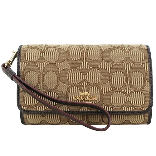 COACH 立體馬車緹花織布翻蓋手掛式中夾(禮盒組)(卡其咖)