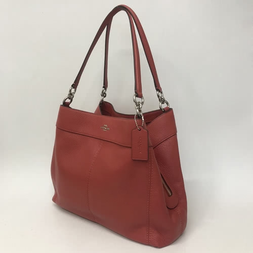 COACH 經典立體LOGO大款多夾層肩背賈姬包托特包(甜橘紅)