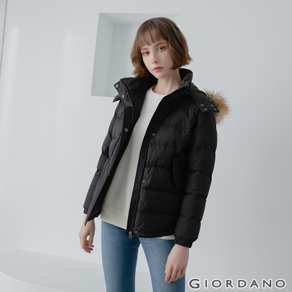 GIORDANO 女裝素色可拆式連帽羽絨外套 - 01 標誌黑