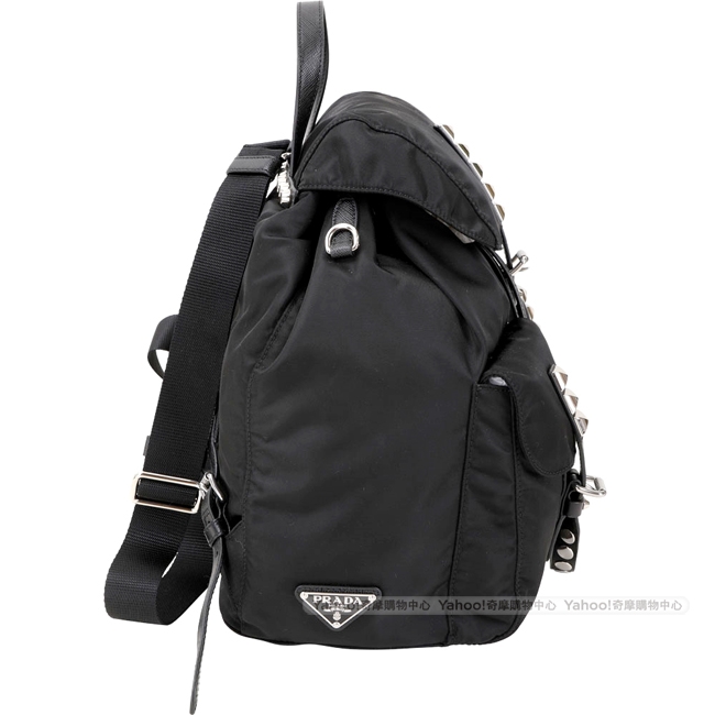PRADA 黑色皮革鉚釘尼龍後背包