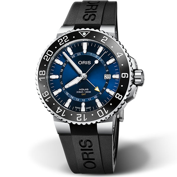 ORIS AQUIS GMT 時間之海 雙時區日期潛水錶-43.5mm藍面/黑膠帶