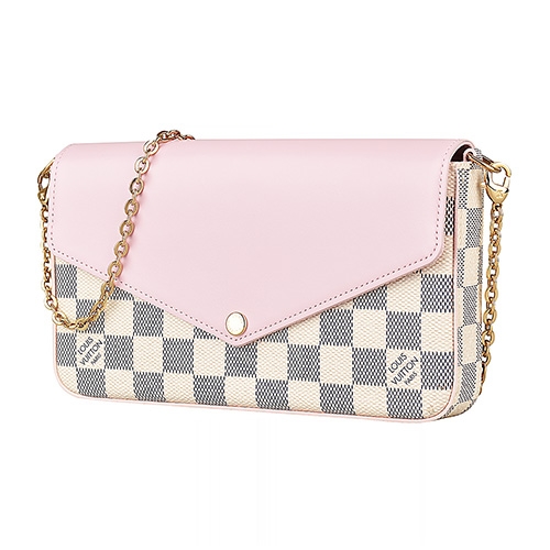 LV N60235棋盤格LOGO DAMIER AZUR帆布鏈帶扣式斜背手拿長夾(芭蕾粉)