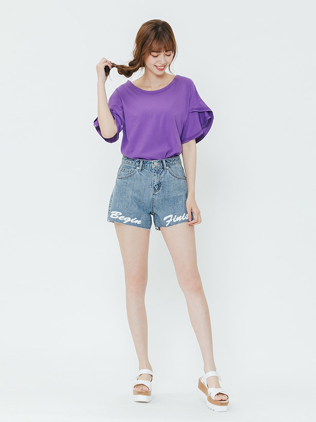 H:CONNECT 韓國品牌 女裝-口袋印文字牛仔短褲-藍