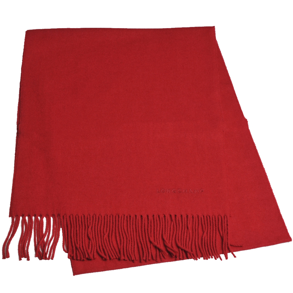LONGCHAMP 蘇格蘭製品牌字母刺繡LOGO混喀什米爾羊毛圍巾/披肩(紅)