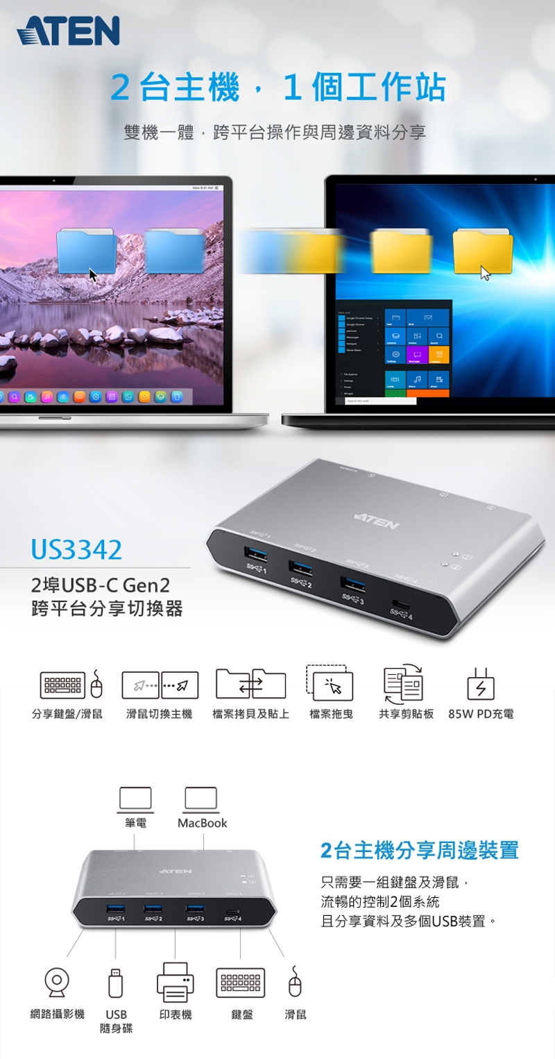 ATEN 2埠 USB-C Gen2 跨平台分享切換器(US3342)