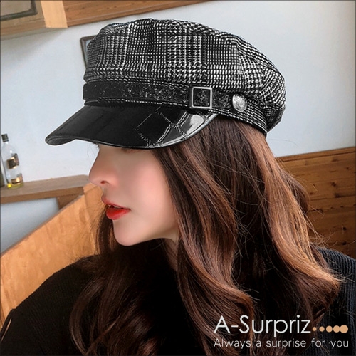A-Surpriz 細千鳥格拼接皮革貝蕾帽(黑白格)