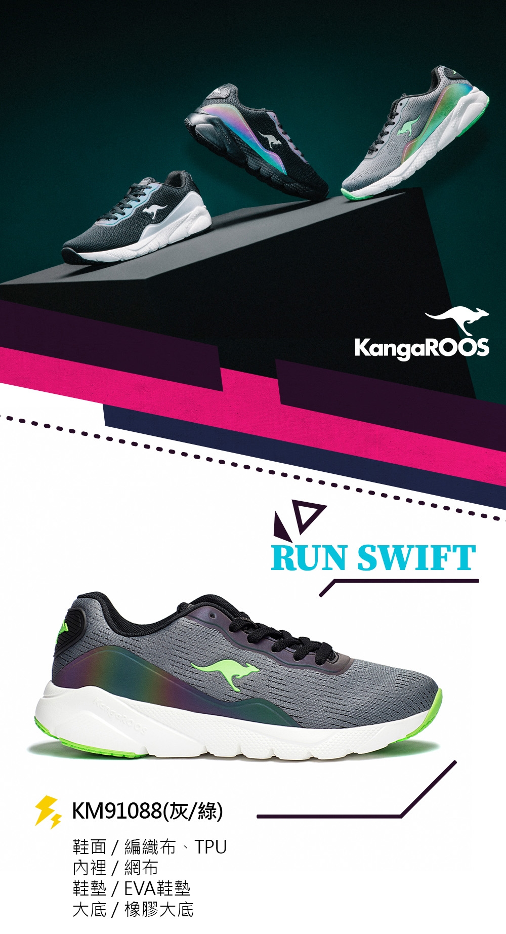 KANGAROOS RUN SWIFT 科技幻彩跑鞋(灰/綠)