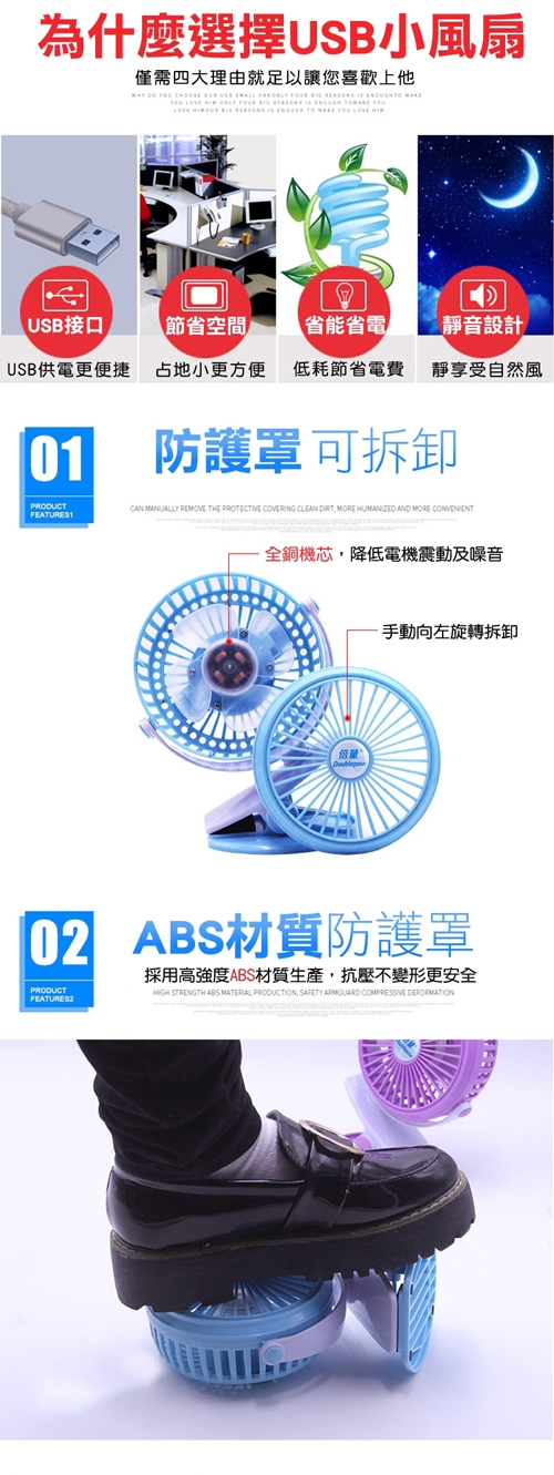 台夾式迷你360°旋轉USB充電靜音電扇