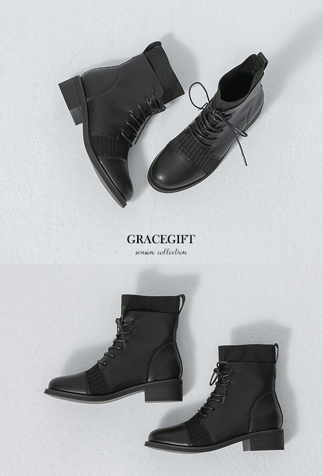 Grace gift-韓系帥氣拼接軍靴 黑