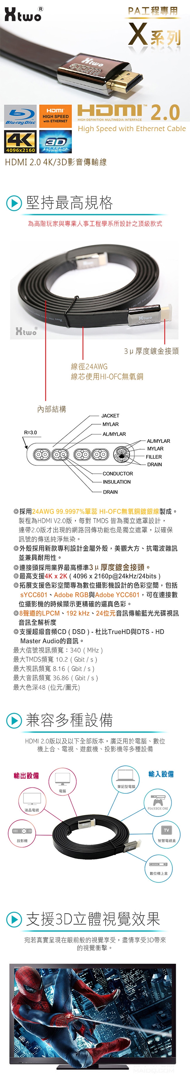 Xtwo X系列PA工程專用HDMI2.0 3D/4K影音傳輸線 2M