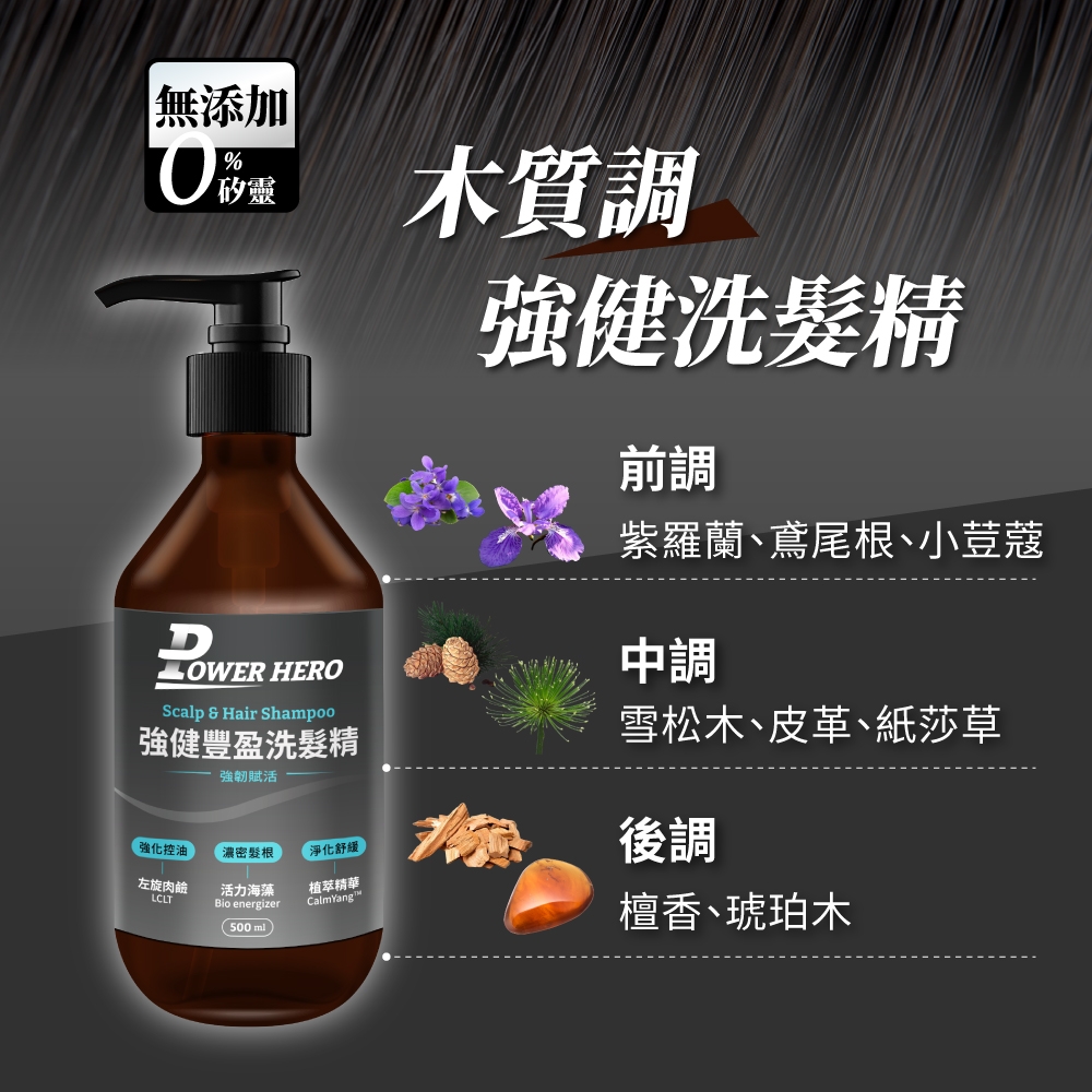 無添加%  HEROScalp  Hair Shampoo強健豐盈洗精強韌賦活植萃精華強化控油濃密髮根淨化舒緩左旋肉鹼Bio energizer500mlLCLT活力海藻CalmYang木質調強健洗髮精前調紫羅蘭、鳶尾根、小荳蔻中調雪松木、皮革、紙莎草後調檀香、琥珀木