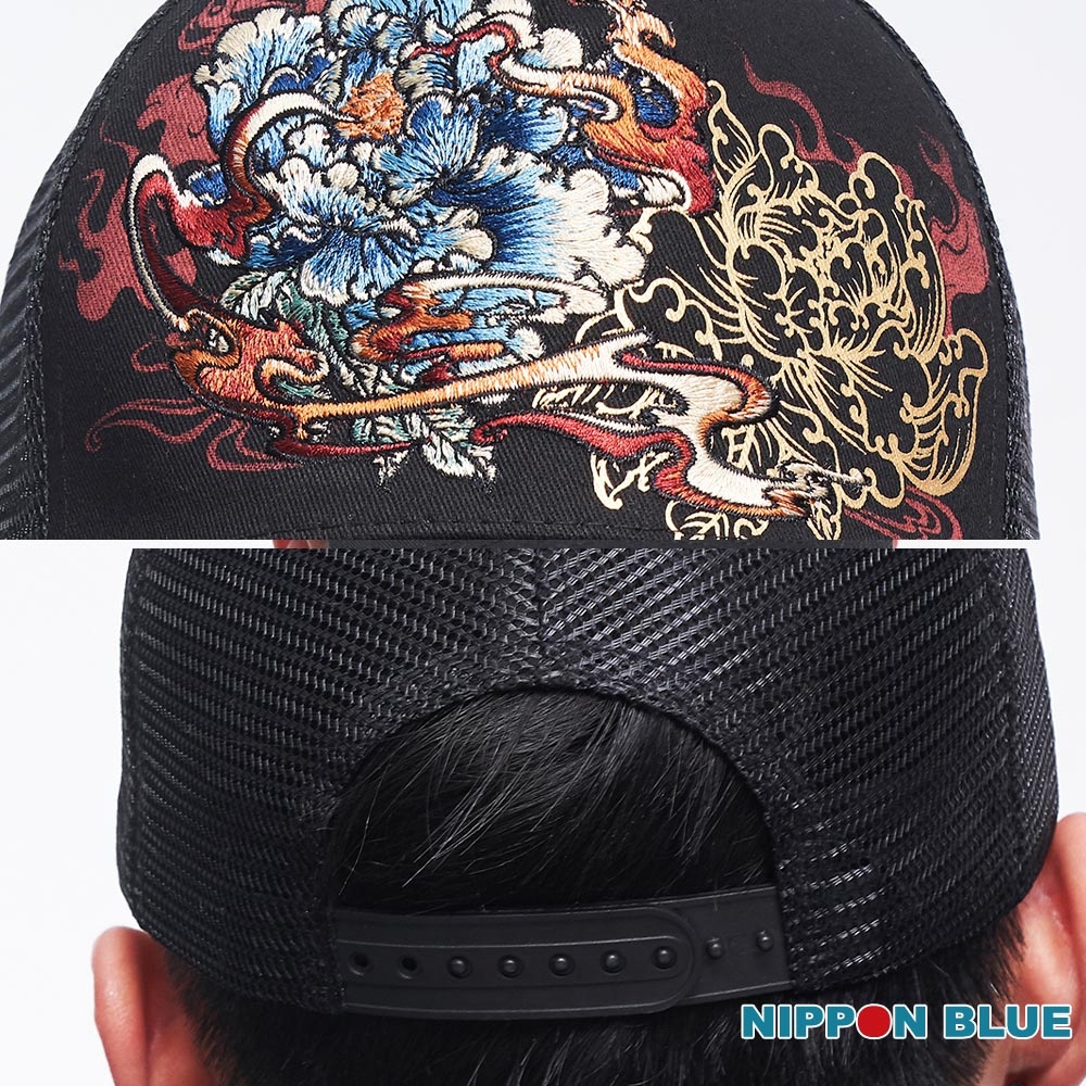 日本藍 BLUE WAY -精繡火牡丹網帽(黑)