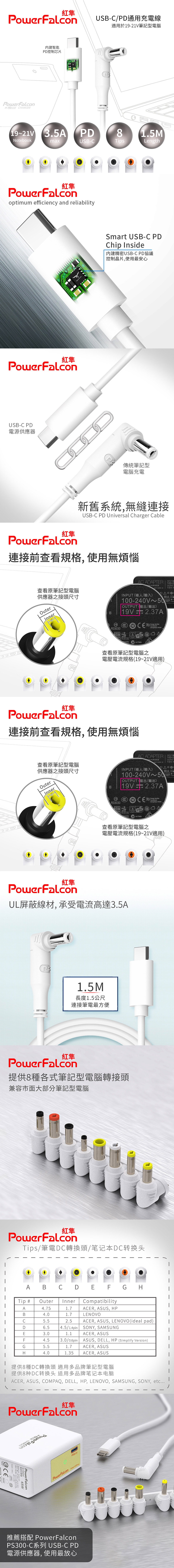 PowerFalcon USB-C/PD 通用型筆電充電線(含8種轉換頭)