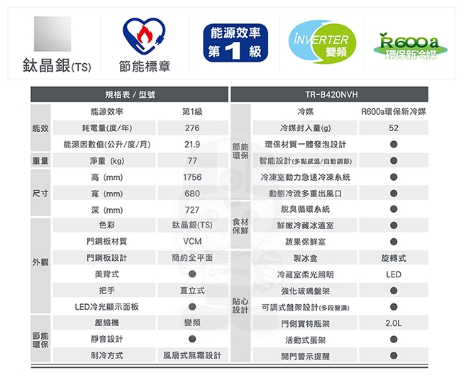 TATUNG大同 420L 1級變頻2門電冰箱 TR-B420NVH-TS