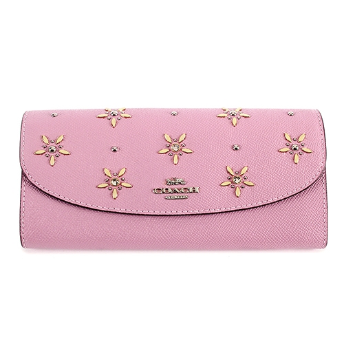 COACH 金屬水鑽貼花防刮皮革信封式長夾-粉紅