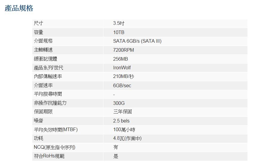 Seagate 那嘶狼 3.5吋 10TB NAS專用硬碟